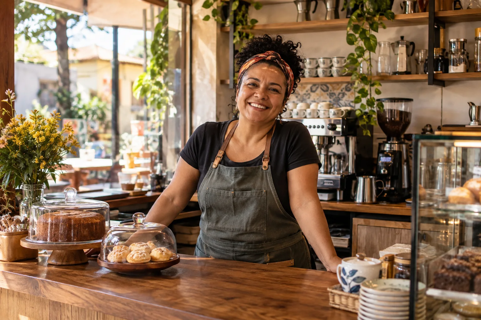 Comerciante em seu café de bairro.