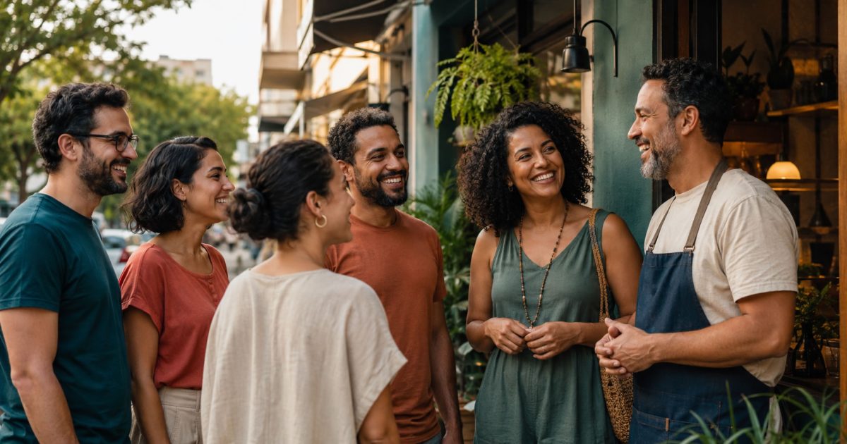 Grupo de pessoas conversando com o proprietário de um negócio local.