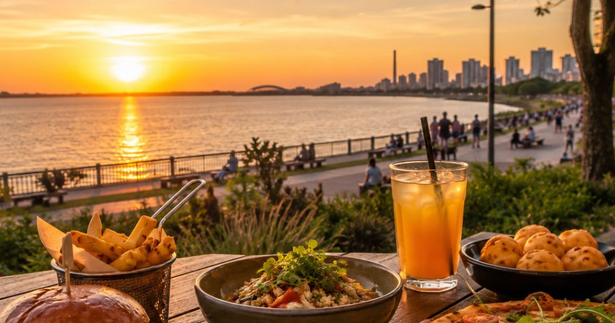 Gastronomia em Porto Alegre com alimentos sobre a mesa e o Guaíba ao fundo