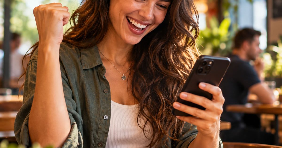 Pessoa comemorando após garantir uma compra pelo celular