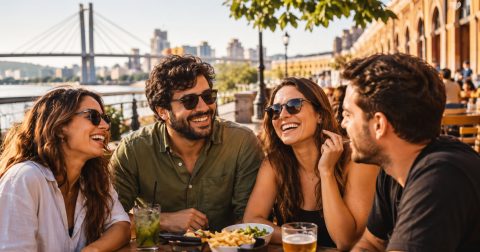 Amigos reunidos em Porto Alegre compartilhando uma refeição